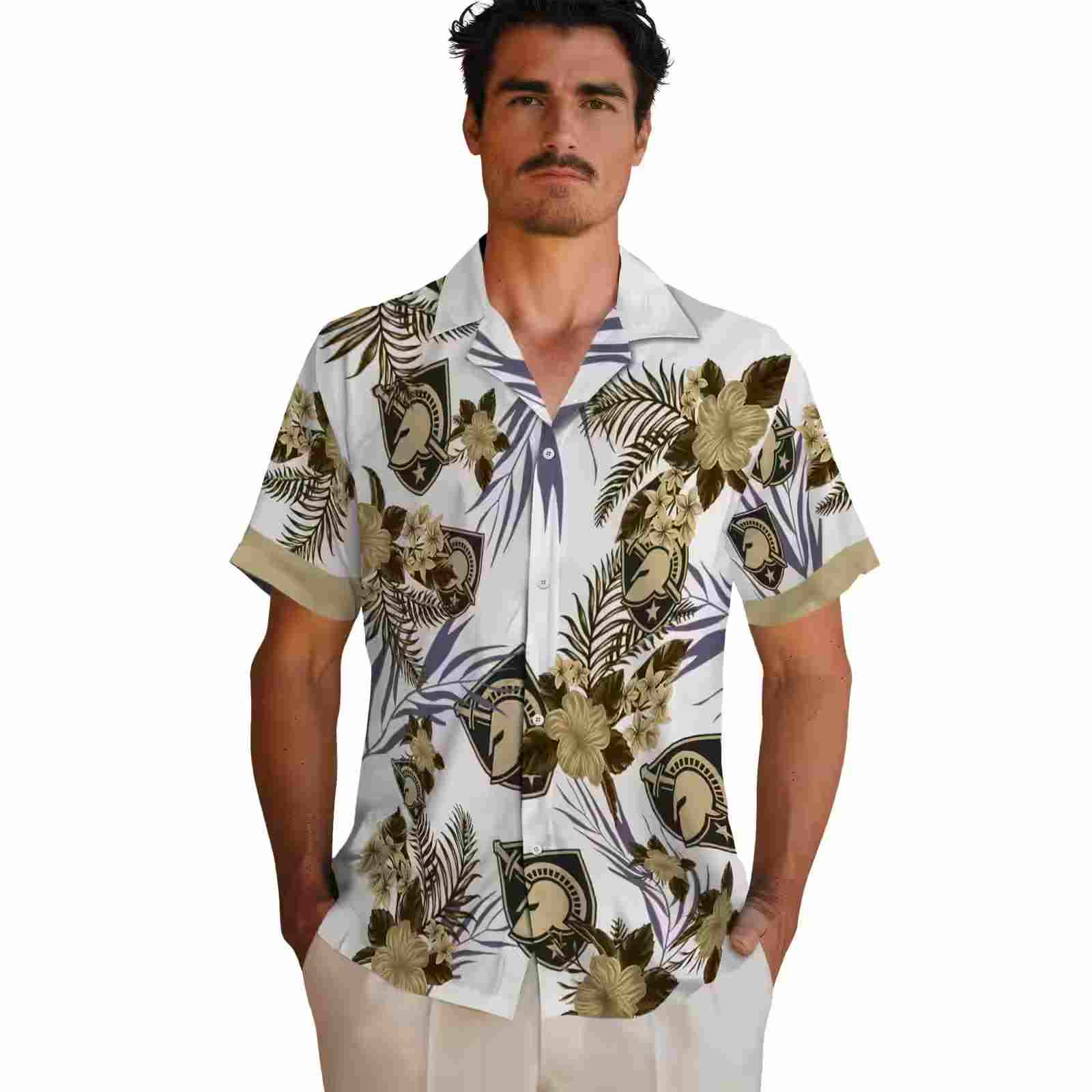 army black knights patriotic hibiscus design gold white hawaiian shirt fashion forward