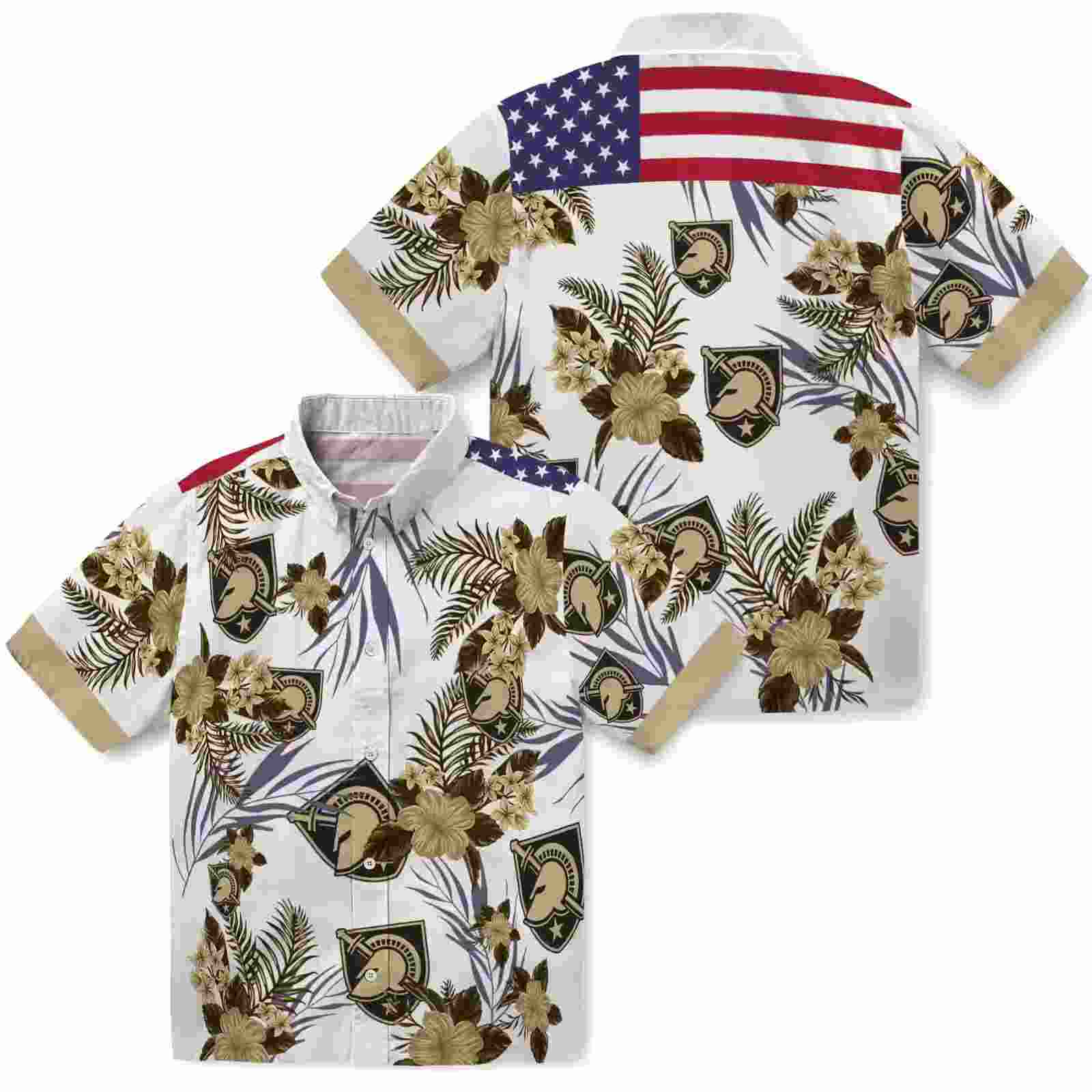 army black knights patriotic hibiscus design gold white hawaiian shirt high quality