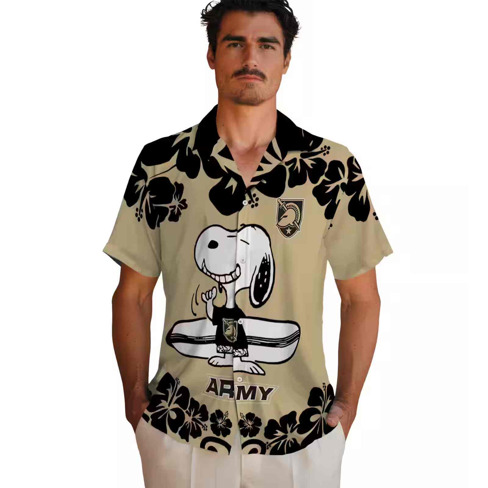 army black knights snoopy surf gold white hawaiian shirt fashion forward