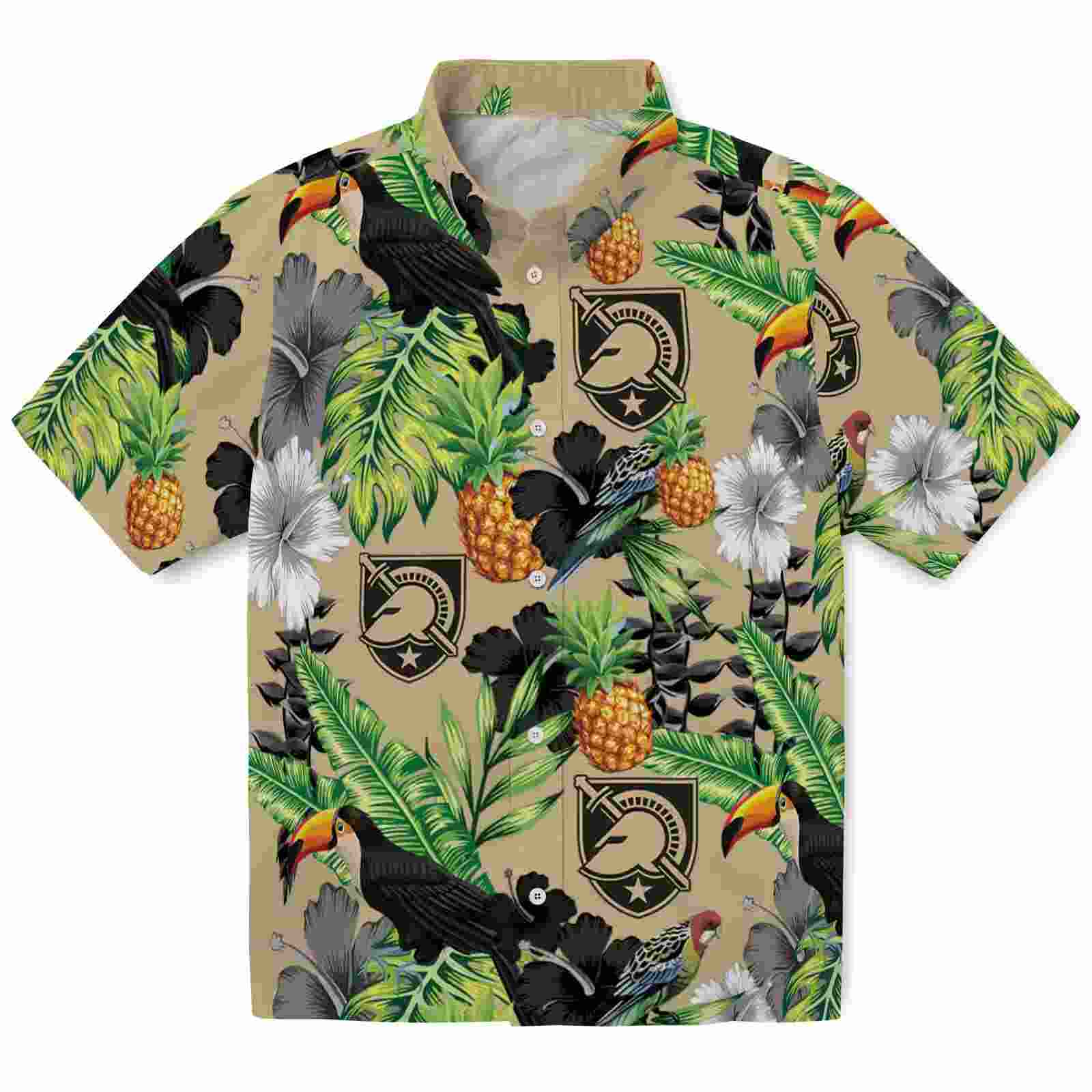 Army Black Knights Toucan Hibiscus Pineapple Gold Green Hawaiian Shirt