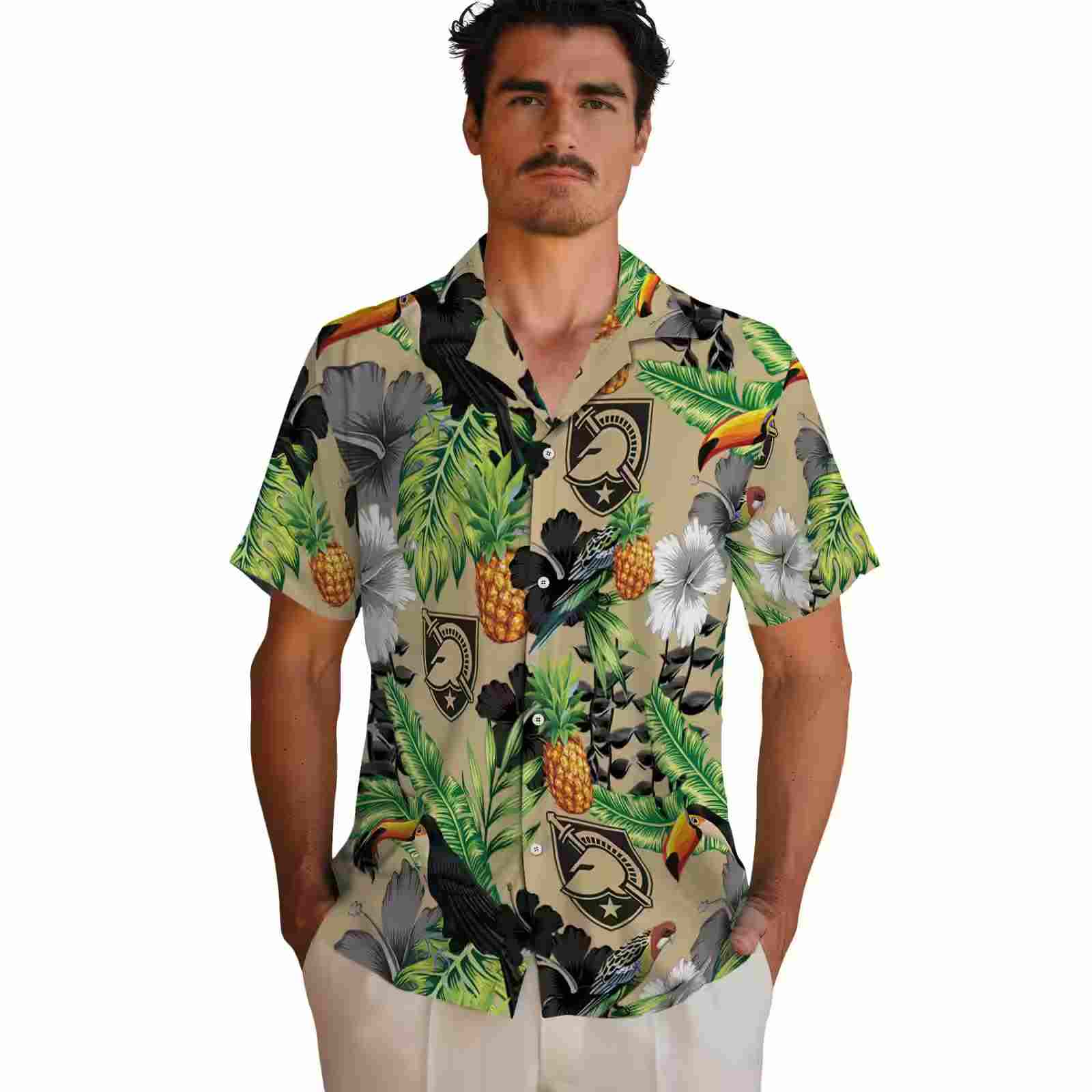 army black knights toucan hibiscus pineapple gold green hawaiian shirt fashion forward