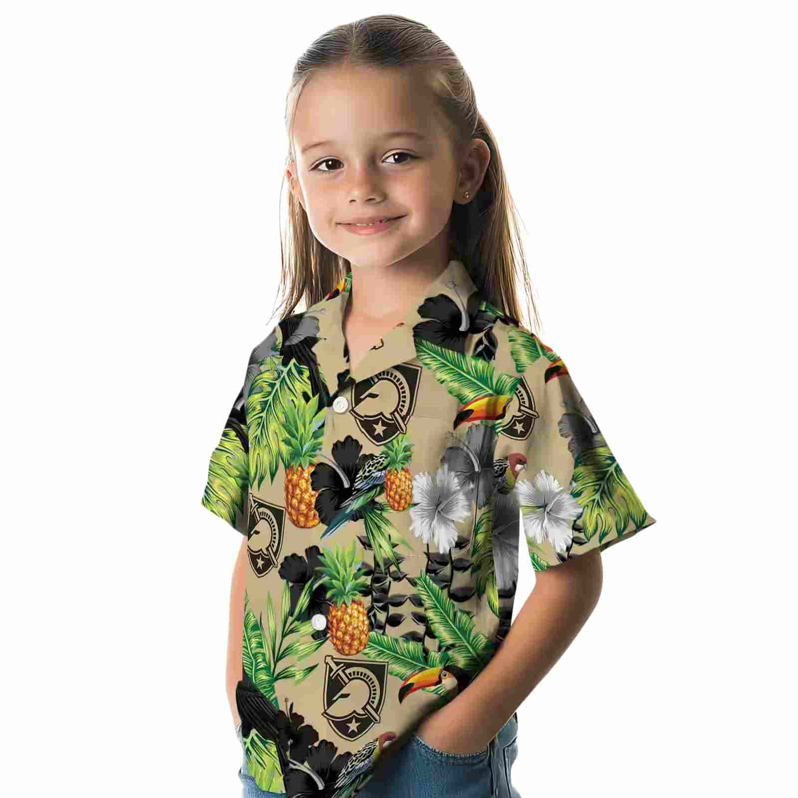 army black knights toucan hibiscus pineapple gold green hawaiian shirt premium grade