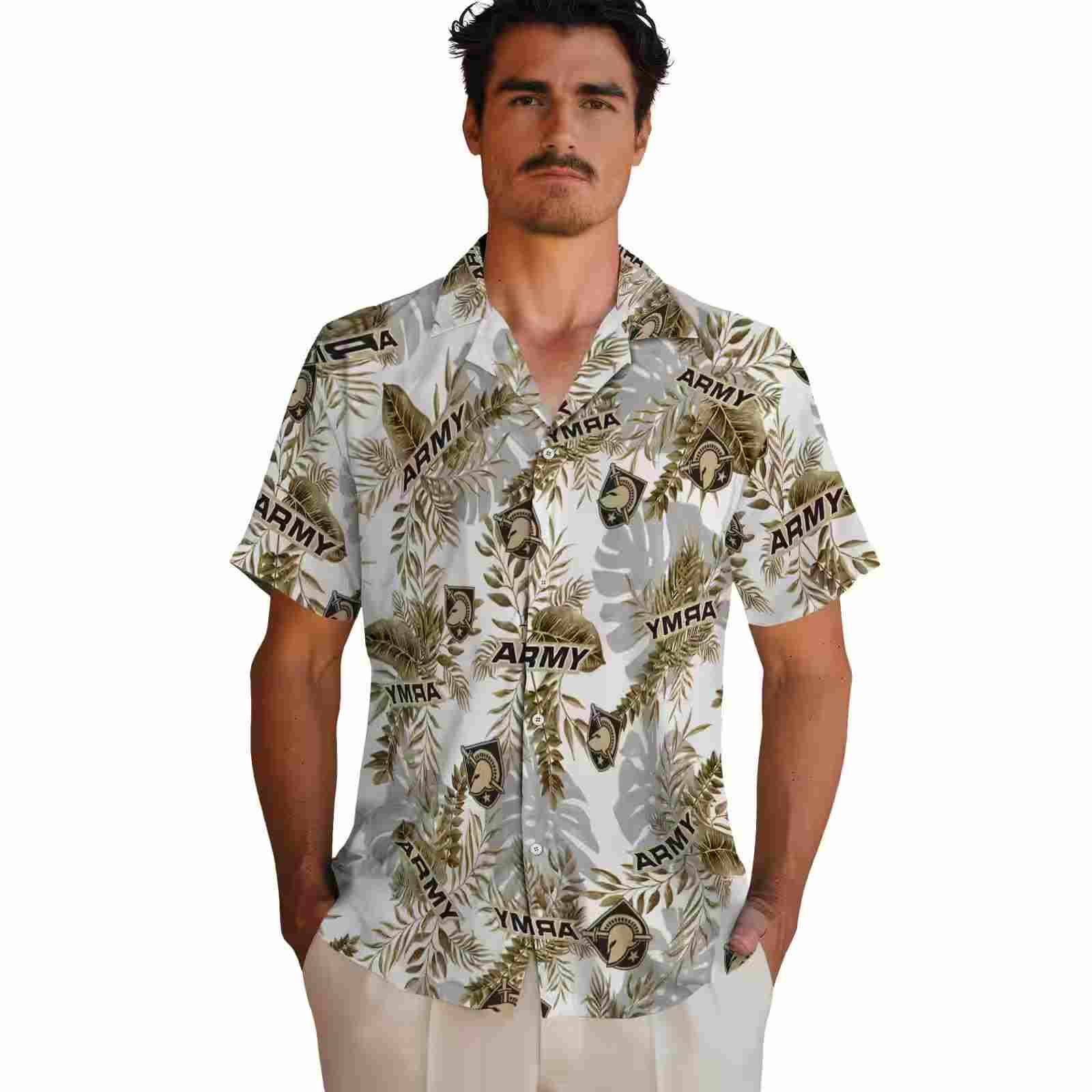 army black knights tropical leaves gold white hawaiian shirt fashion forward