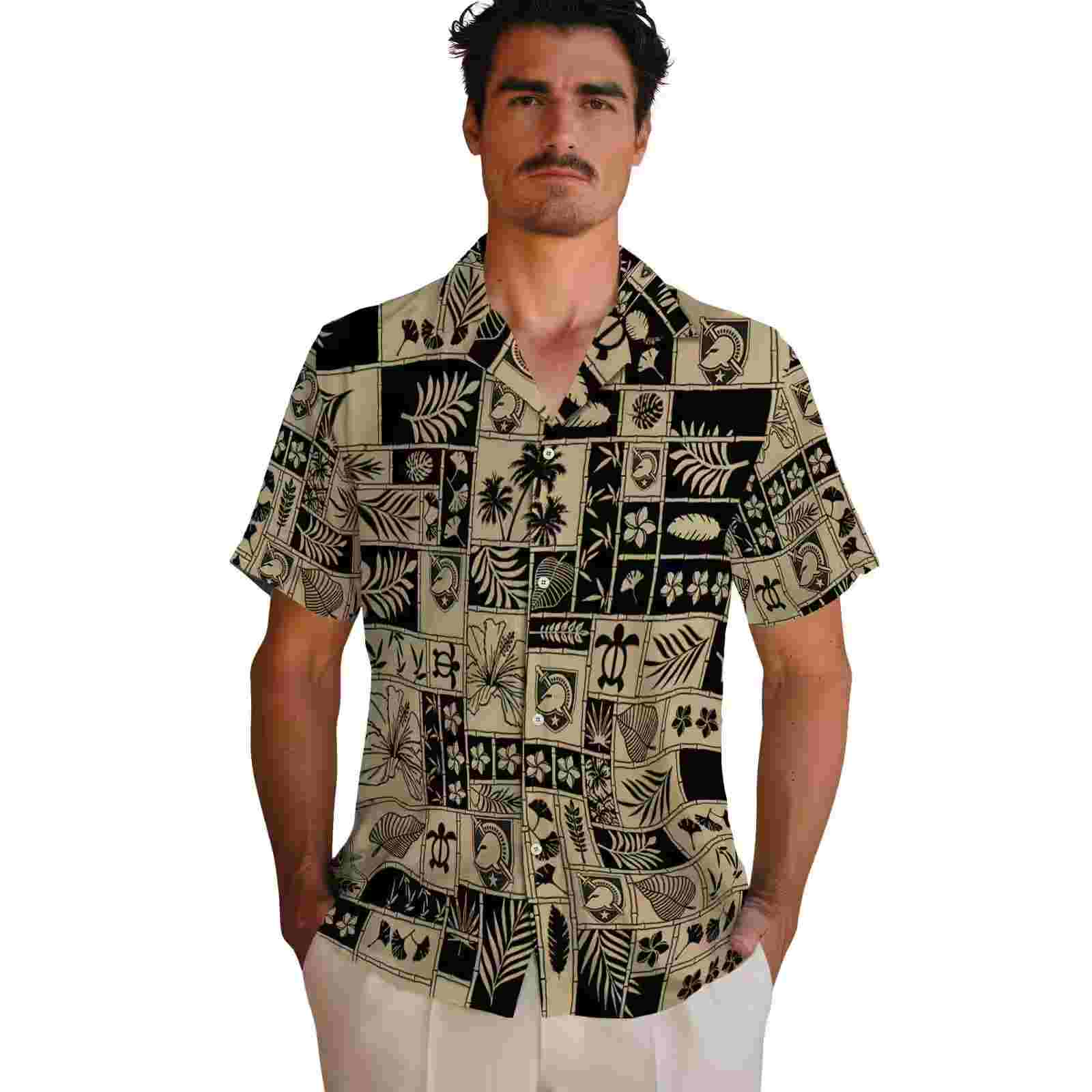 army black knights tropical patchwork gold black hawaiian shirt fashion forward