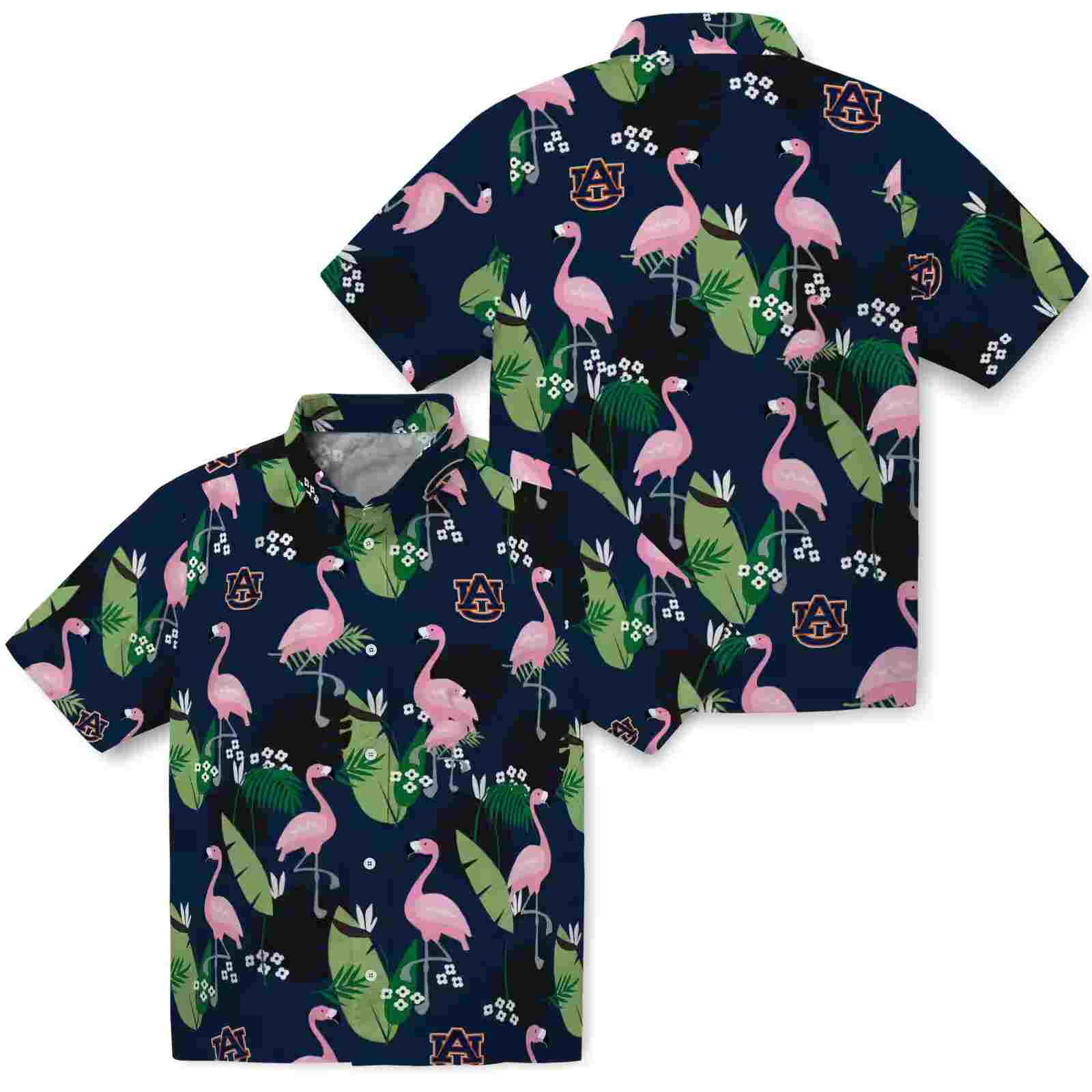 auburn tigers flamingo leaf motif navy blue hawaiian shirt high quality