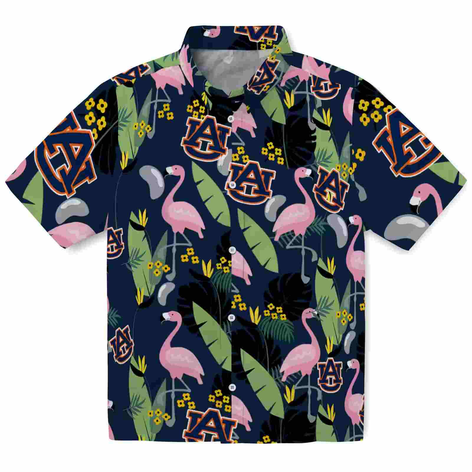 Auburn Tigers Flamingo Leaves Navy Blue Hawaiian Shirt