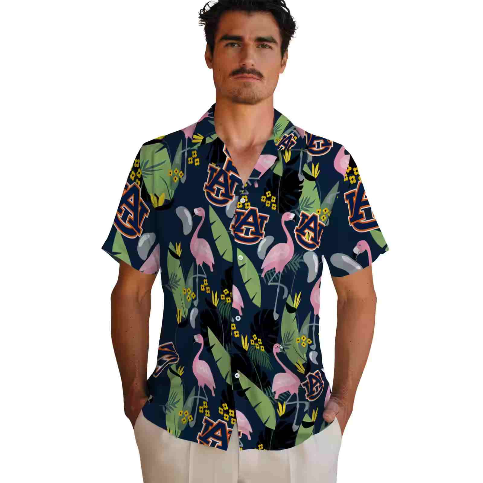 auburn tigers flamingo leaves navy blue hawaiian shirt fashion forward