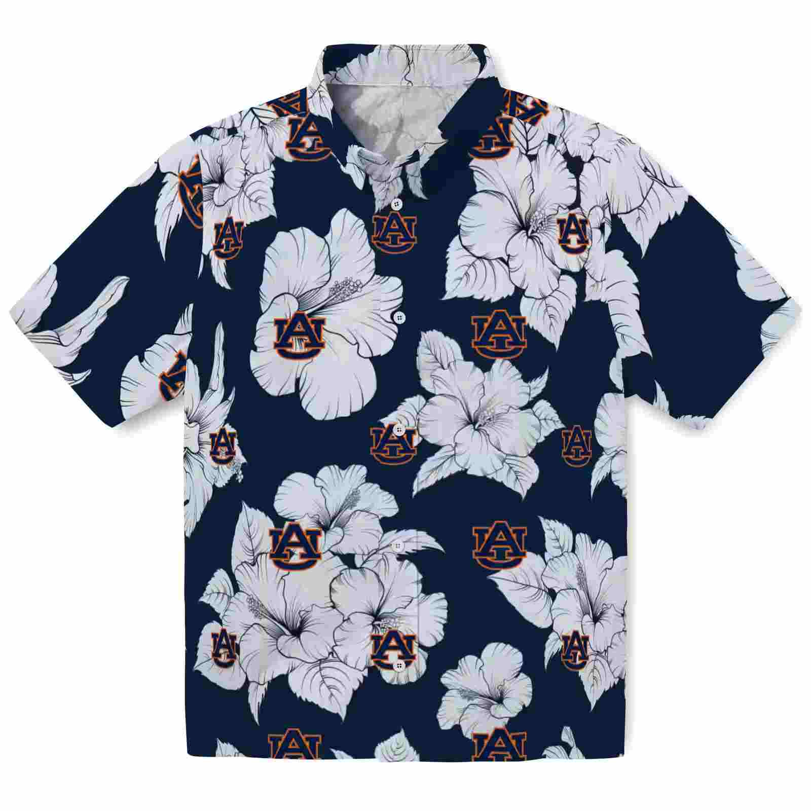 Auburn Tigers Hibiscus Blooms Navy Blue White Hawaiian Shirt