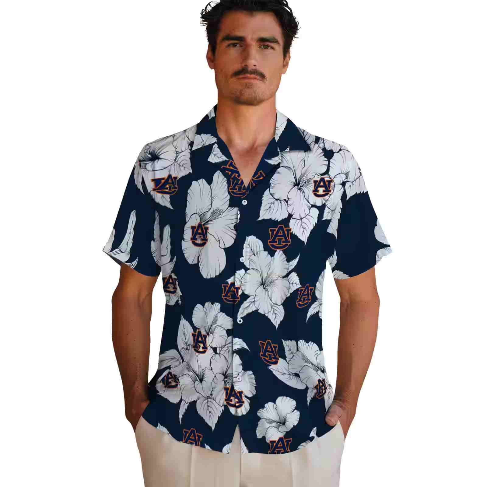 auburn tigers hibiscus blooms navy blue white hawaiian shirt fashion forward