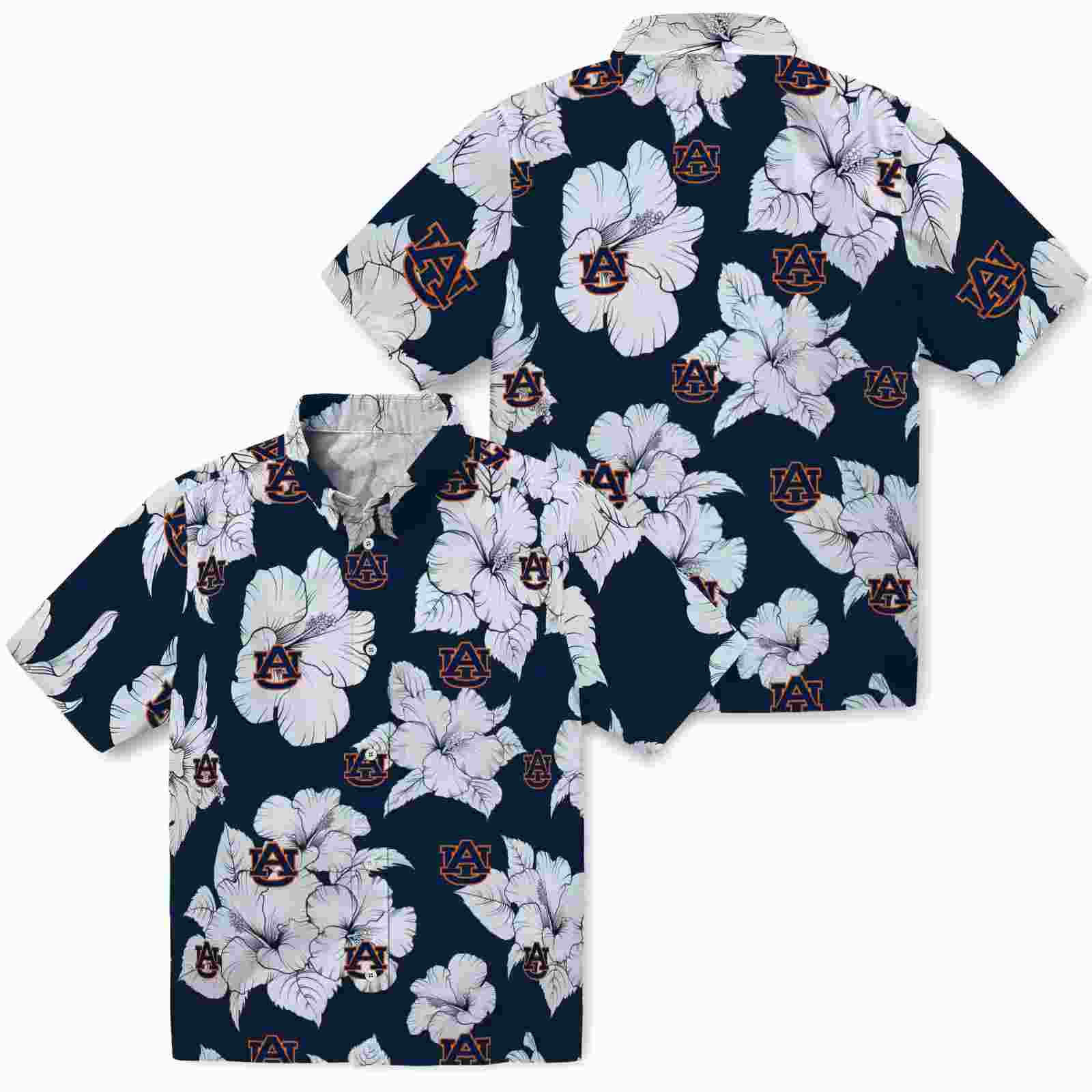 auburn tigers hibiscus blooms navy blue white hawaiian shirt high quality