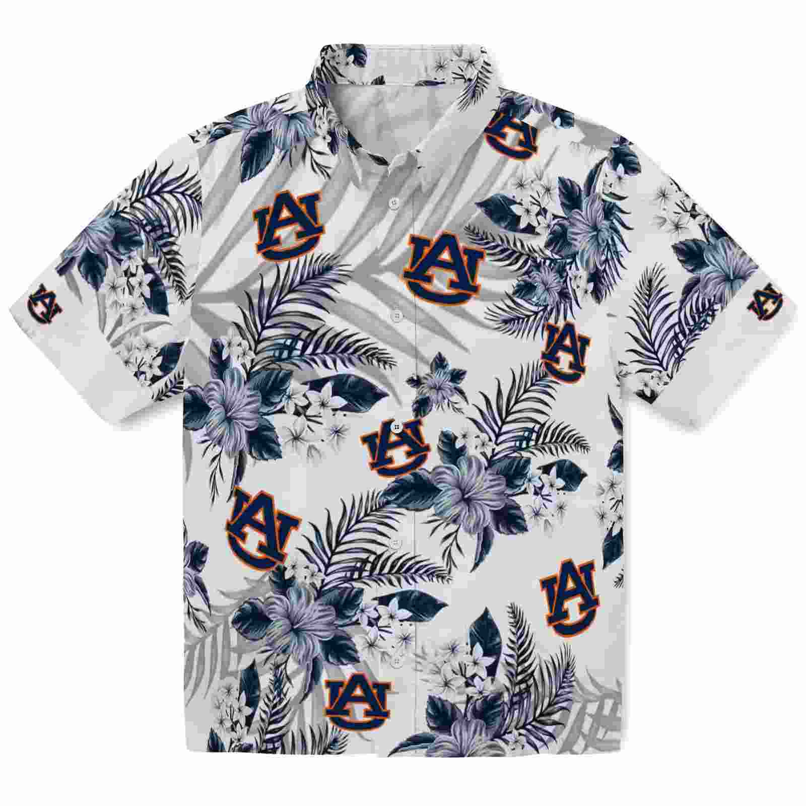 Auburn Tigers Hibiscus Palm Leaves Navy Blue White Hawaiian Shirt