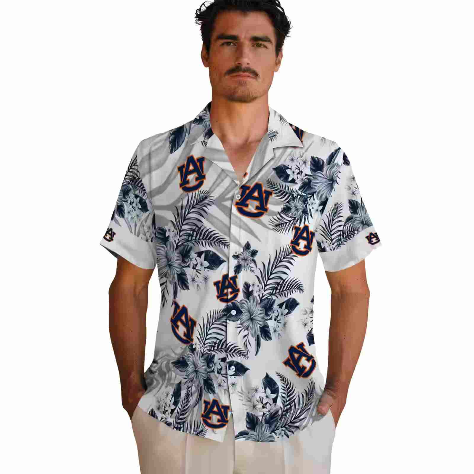 auburn tigers hibiscus palm leaves navy blue white hawaiian shirt fashion forward