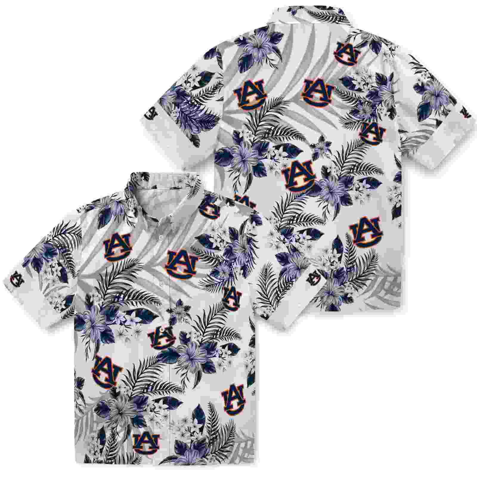 auburn tigers hibiscus palm leaves navy blue white hawaiian shirt high quality