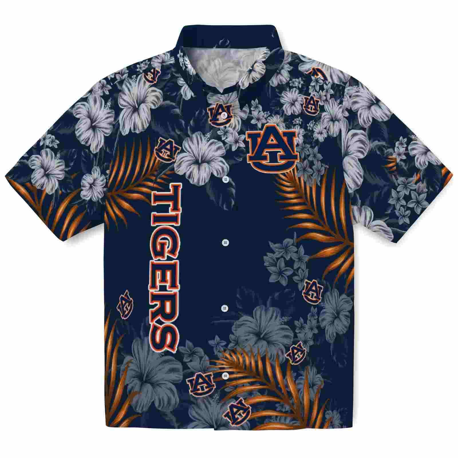 Auburn Tigers Hibiscus Print Navy Blue Hawaiian Shirt