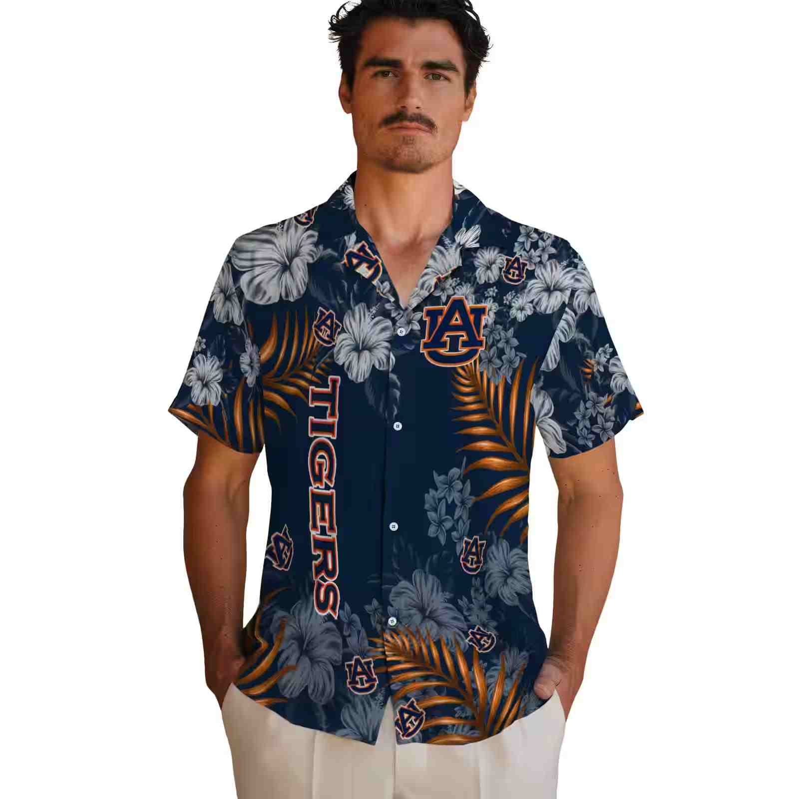 auburn tigers hibiscus print navy blue hawaiian shirt fashion forward