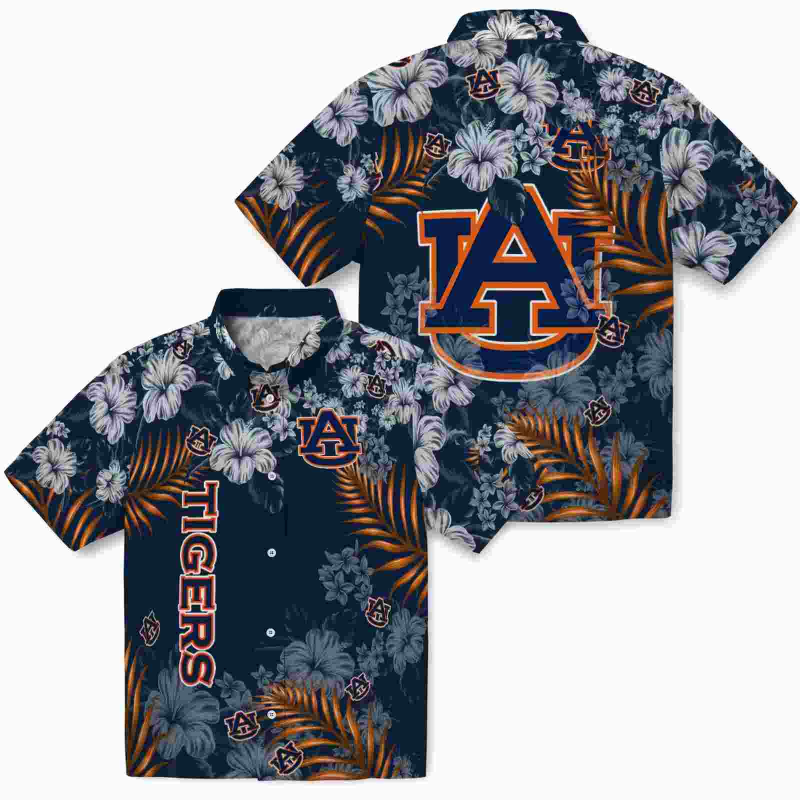 auburn tigers hibiscus print navy blue hawaiian shirt high quality