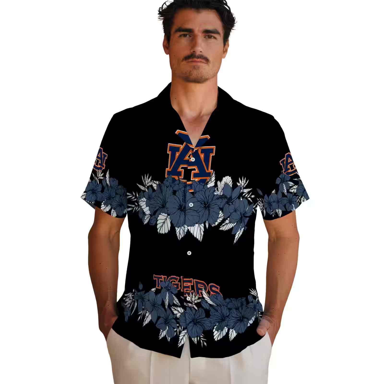 auburn tigers hibiscus stripe navy blue black hawaiian shirt fashion forward