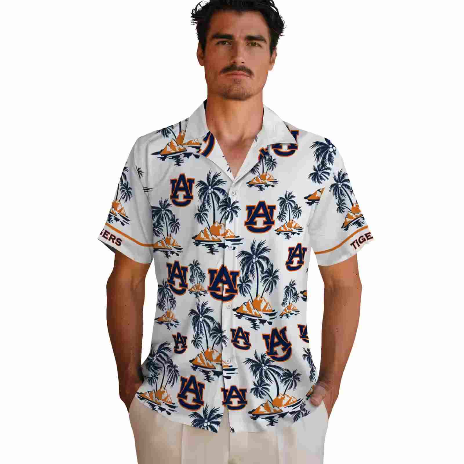 auburn tigers palm island print navy blue white hawaiian shirt fashion forward