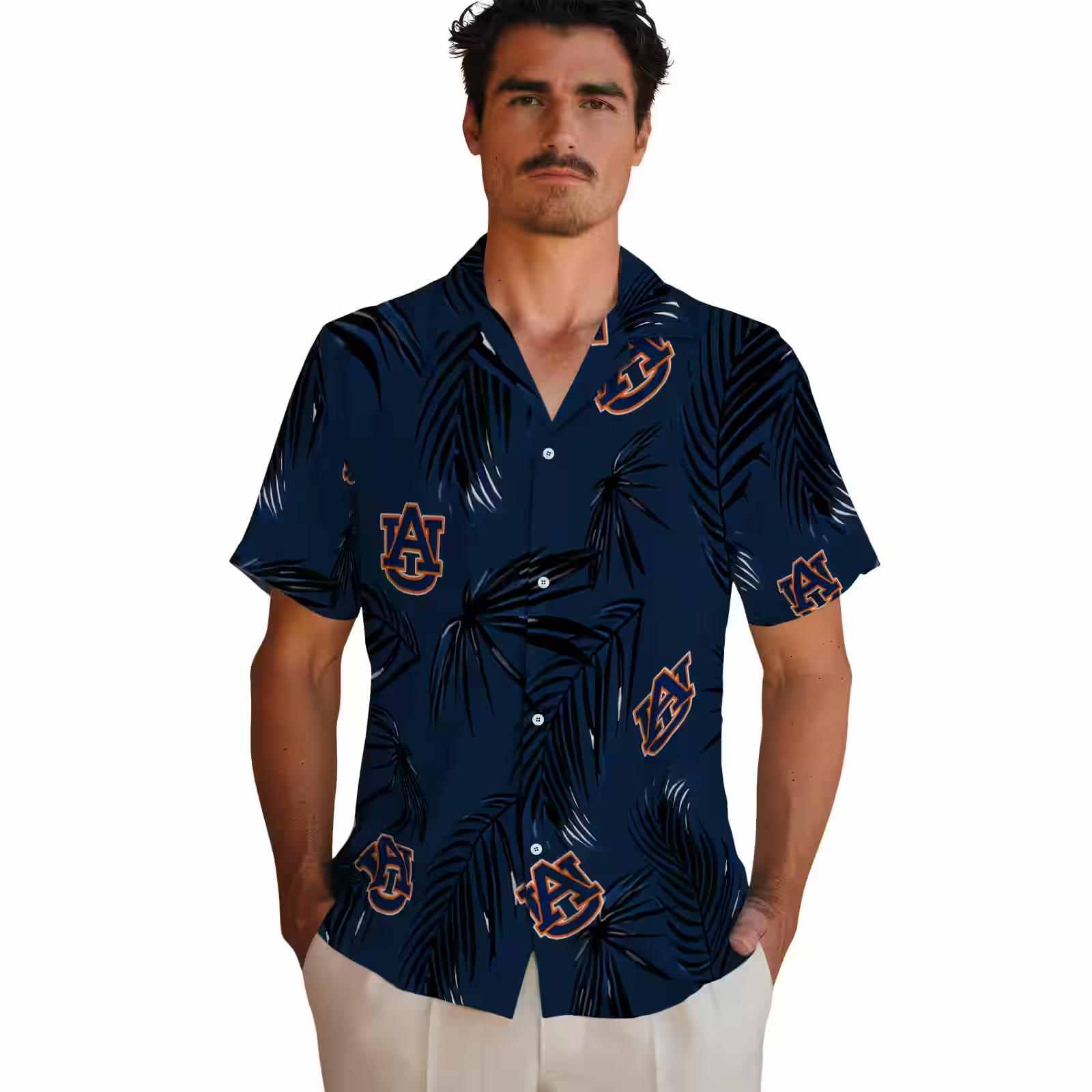 auburn tigers palm leaf navy blue hawaiian shirt fashion forward