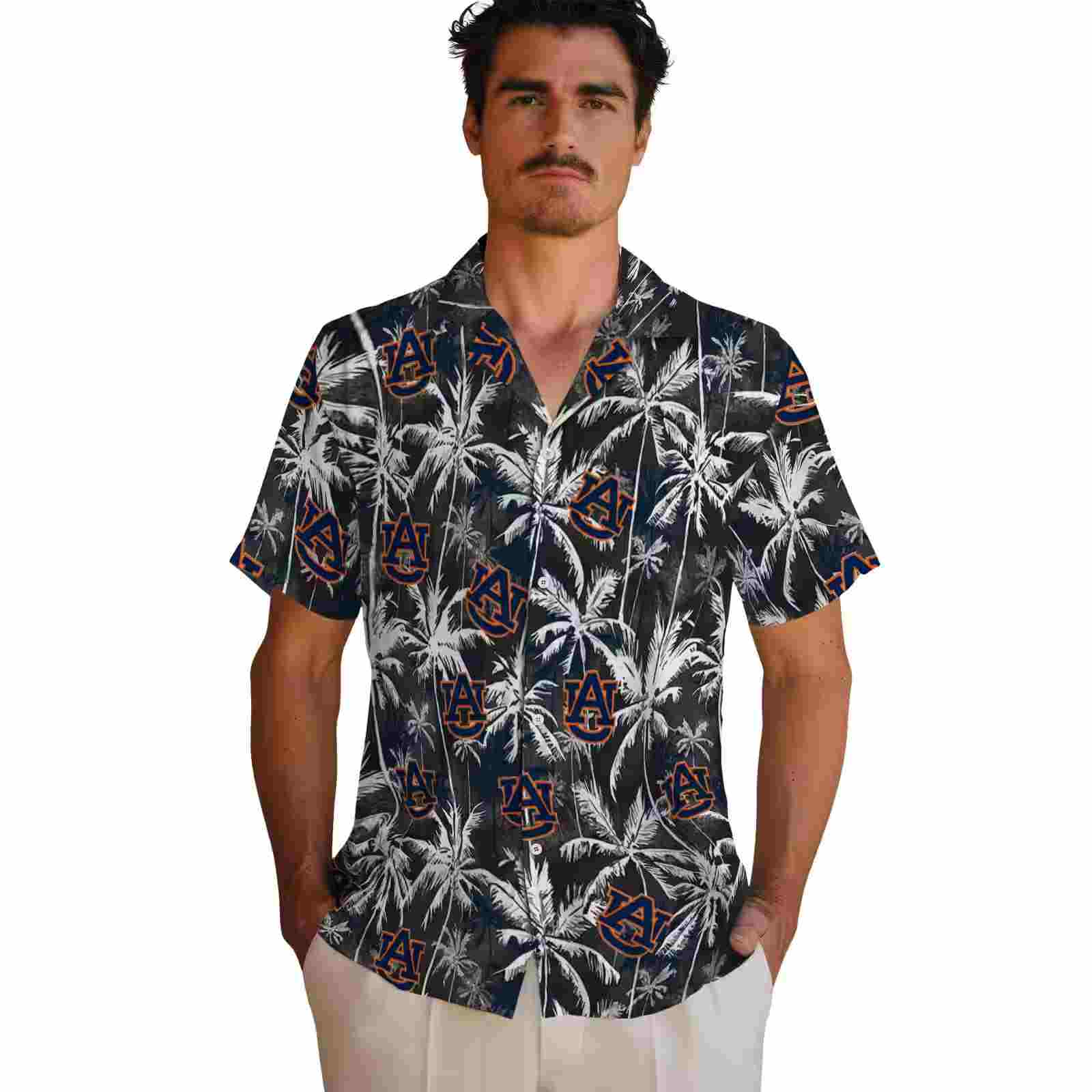 auburn tigers palm pattern navy blue black hawaiian shirt fashion forward