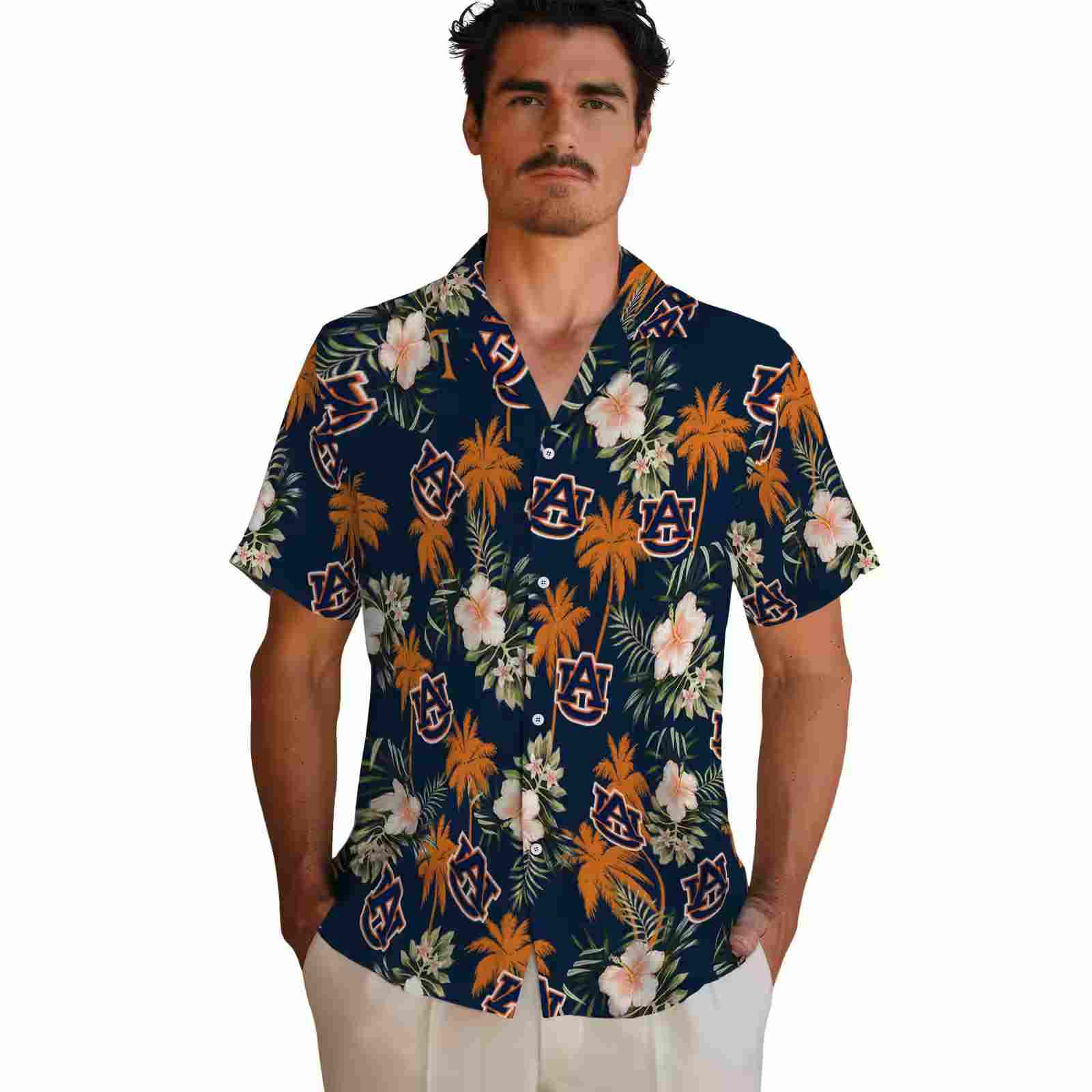 auburn tigers palm tree flower navy blue hawaiian shirt fashion forward