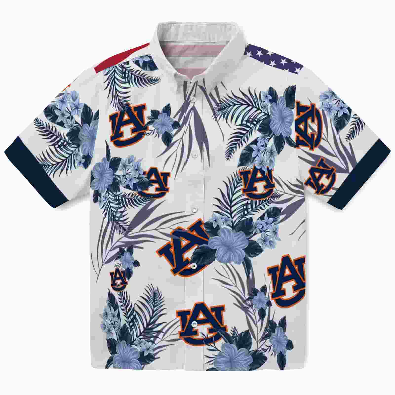 Auburn Tigers Patriotic Hibiscus Design Navy Blue White Hawaiian Shirt