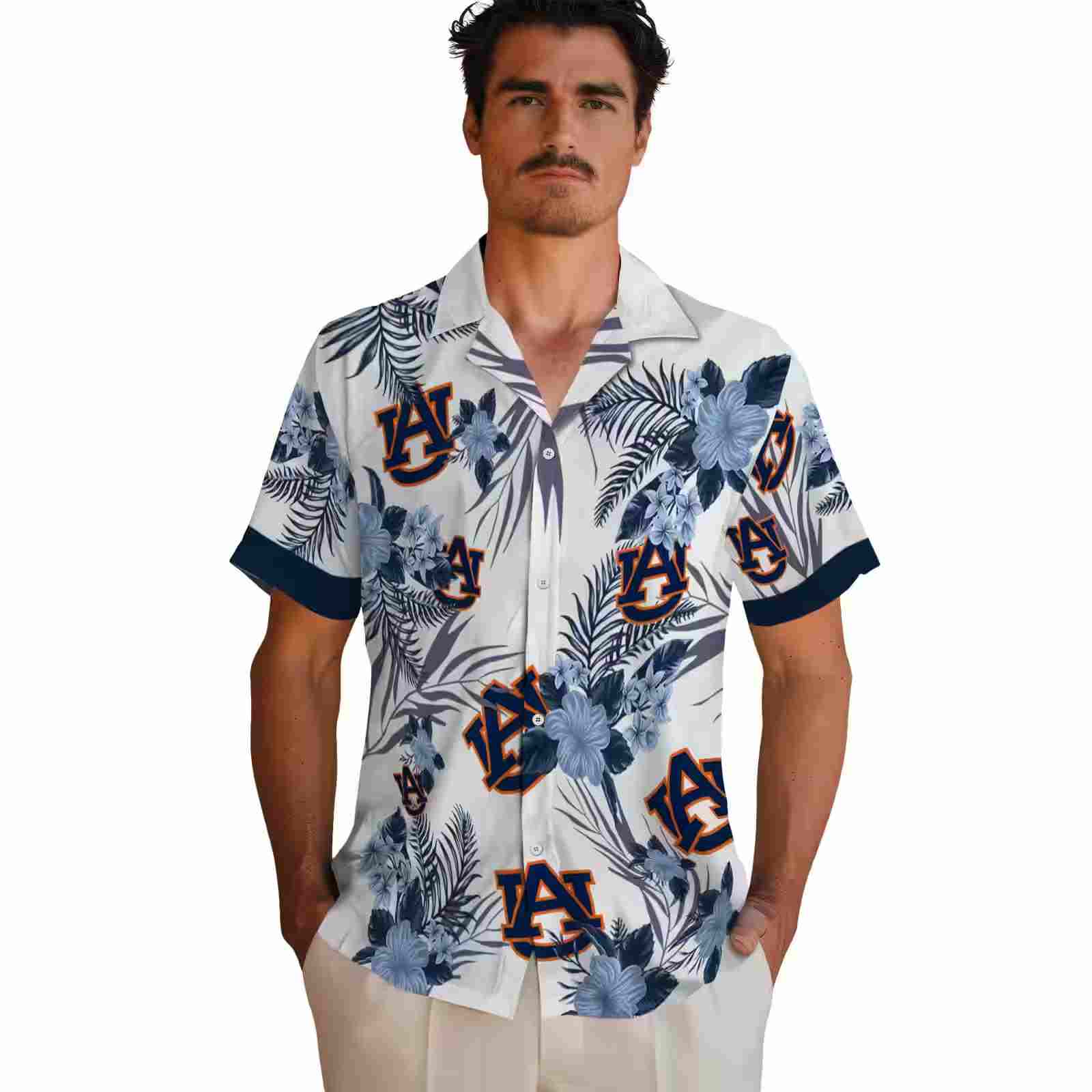 auburn tigers patriotic hibiscus design navy blue white hawaiian shirt fashion forward