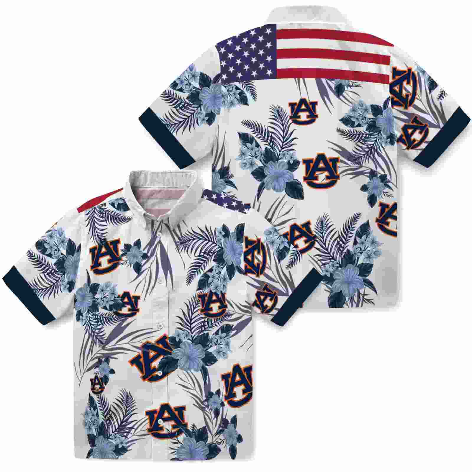 auburn tigers patriotic hibiscus design navy blue white hawaiian shirt high quality