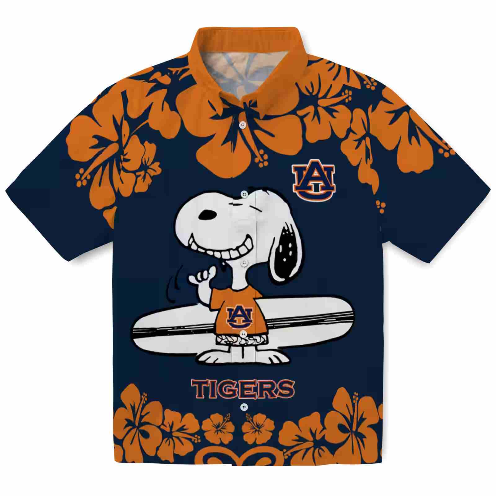 Auburn Tigers Snoopy Surf Navy Blue White Hawaiian Shirt