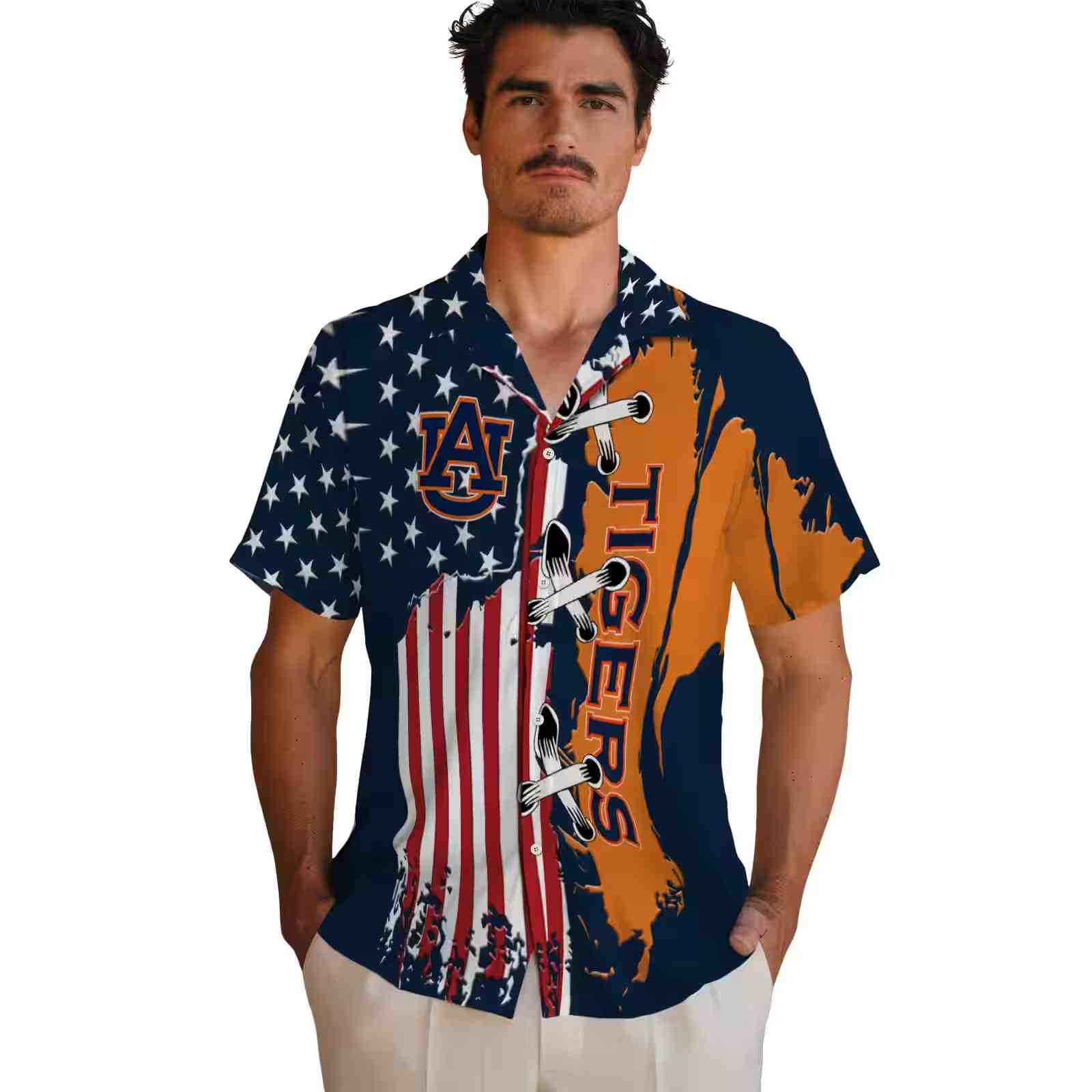 auburn tigers stitched flag navy blue hawaiian shirt fashion forward