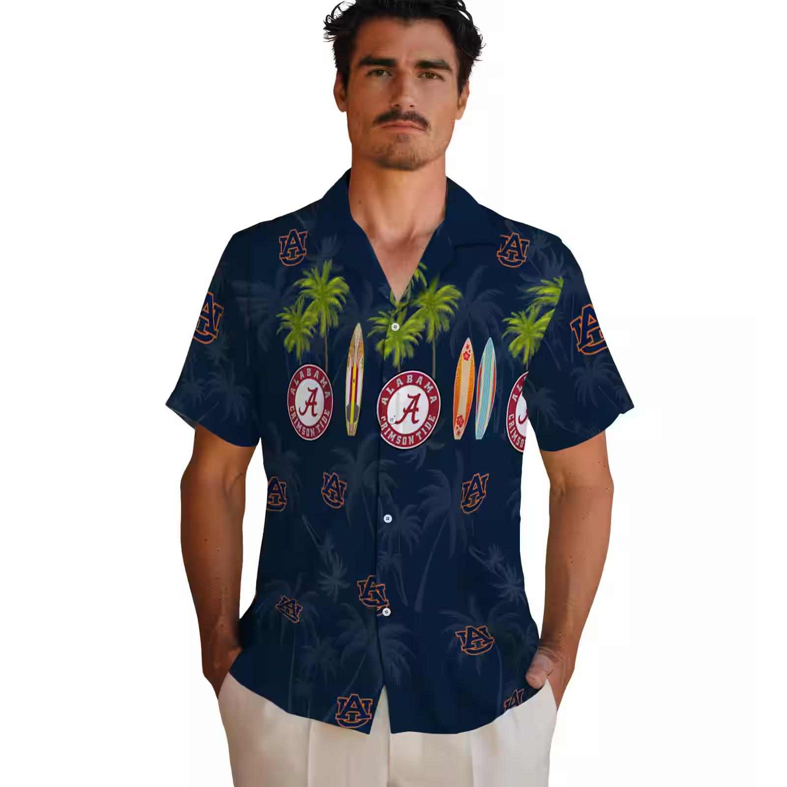 auburn tigers surfboard palm navy blue hawaiian shirt fashion forward