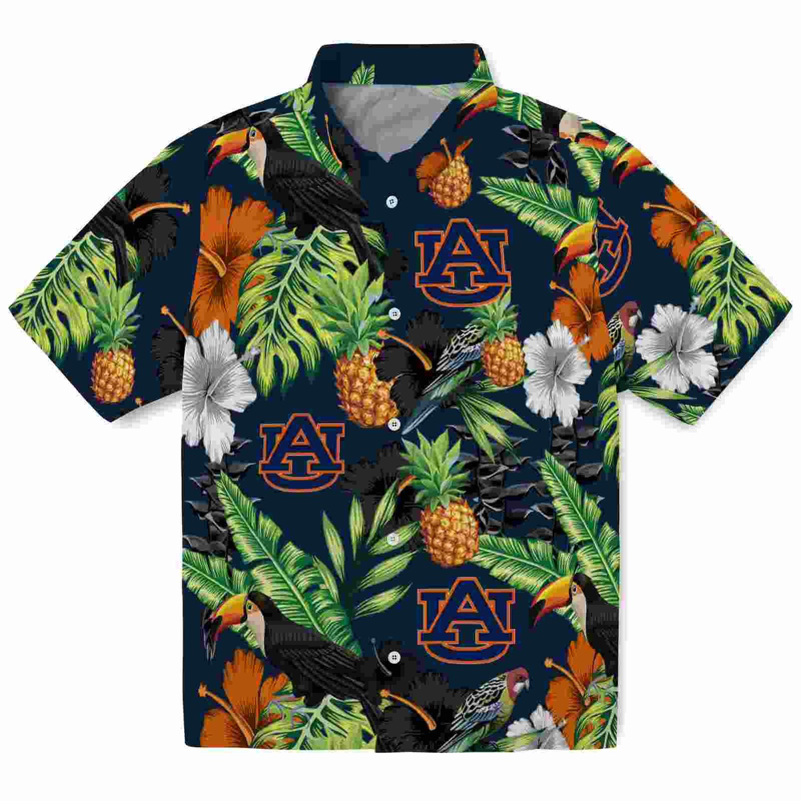 Auburn Tigers Toucan Hibiscus Pineapple Navy Blue Green Hawaiian Shirt