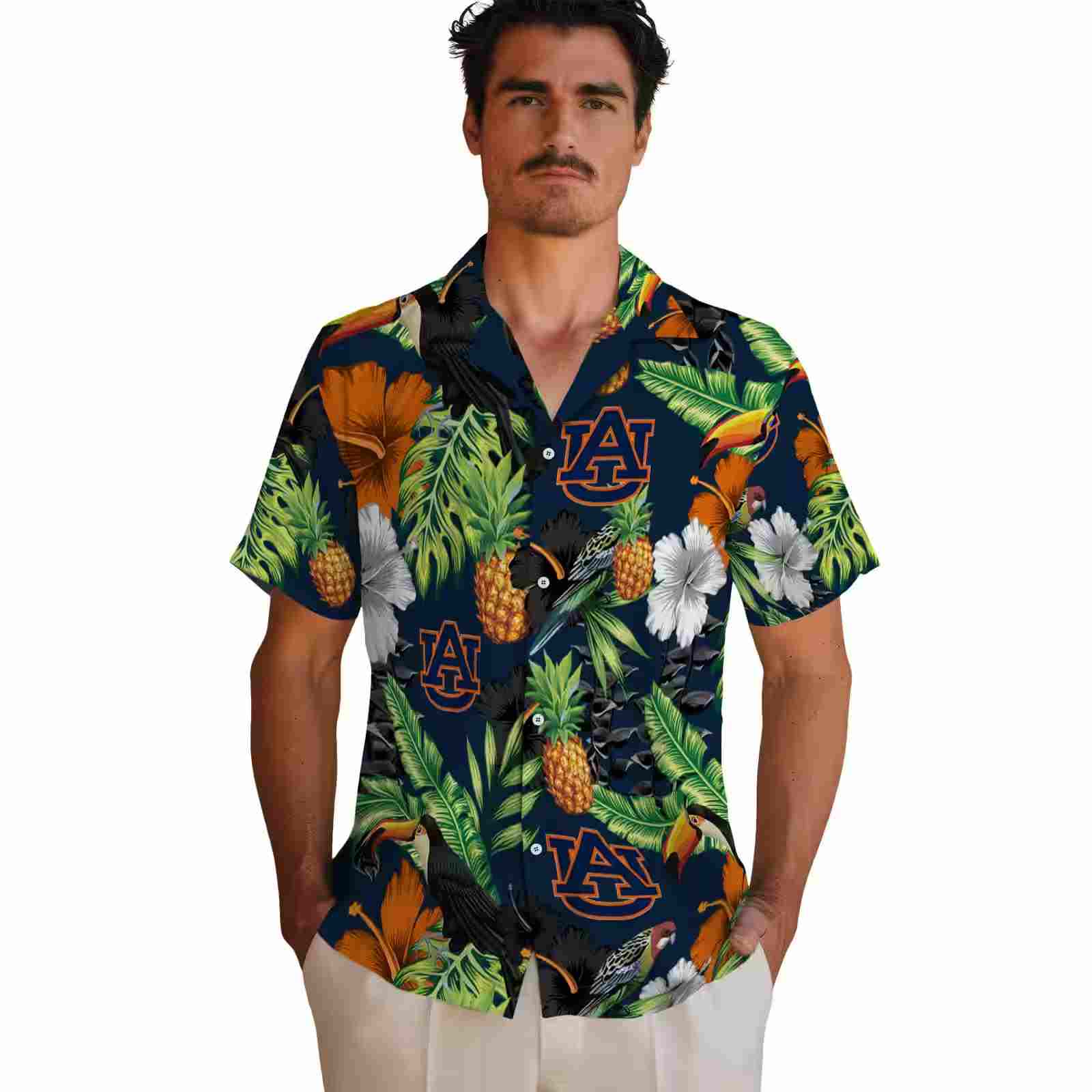 auburn tigers toucan hibiscus pineapple navy blue green hawaiian shirt fashion forward