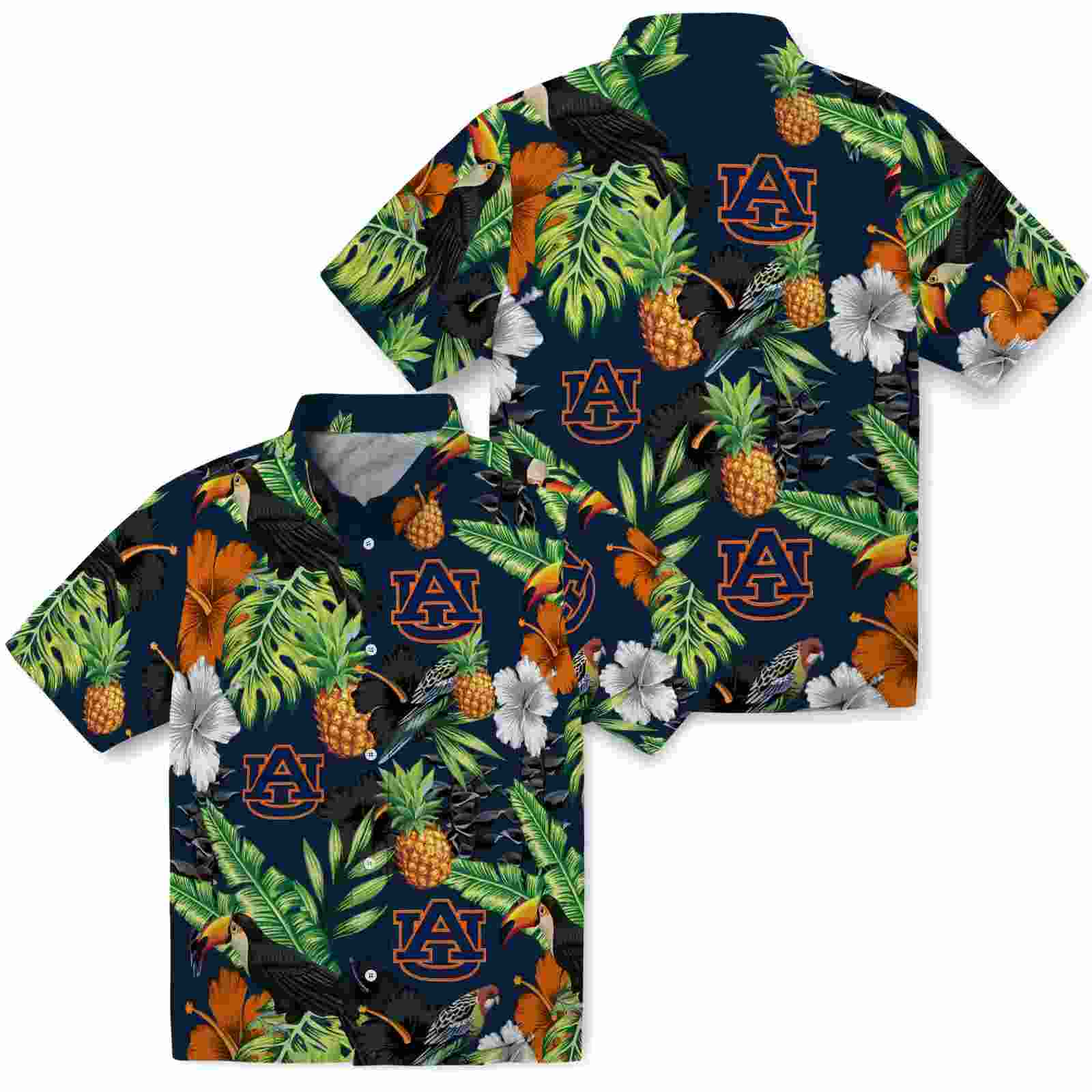 auburn tigers toucan hibiscus pineapple navy blue green hawaiian shirt high quality