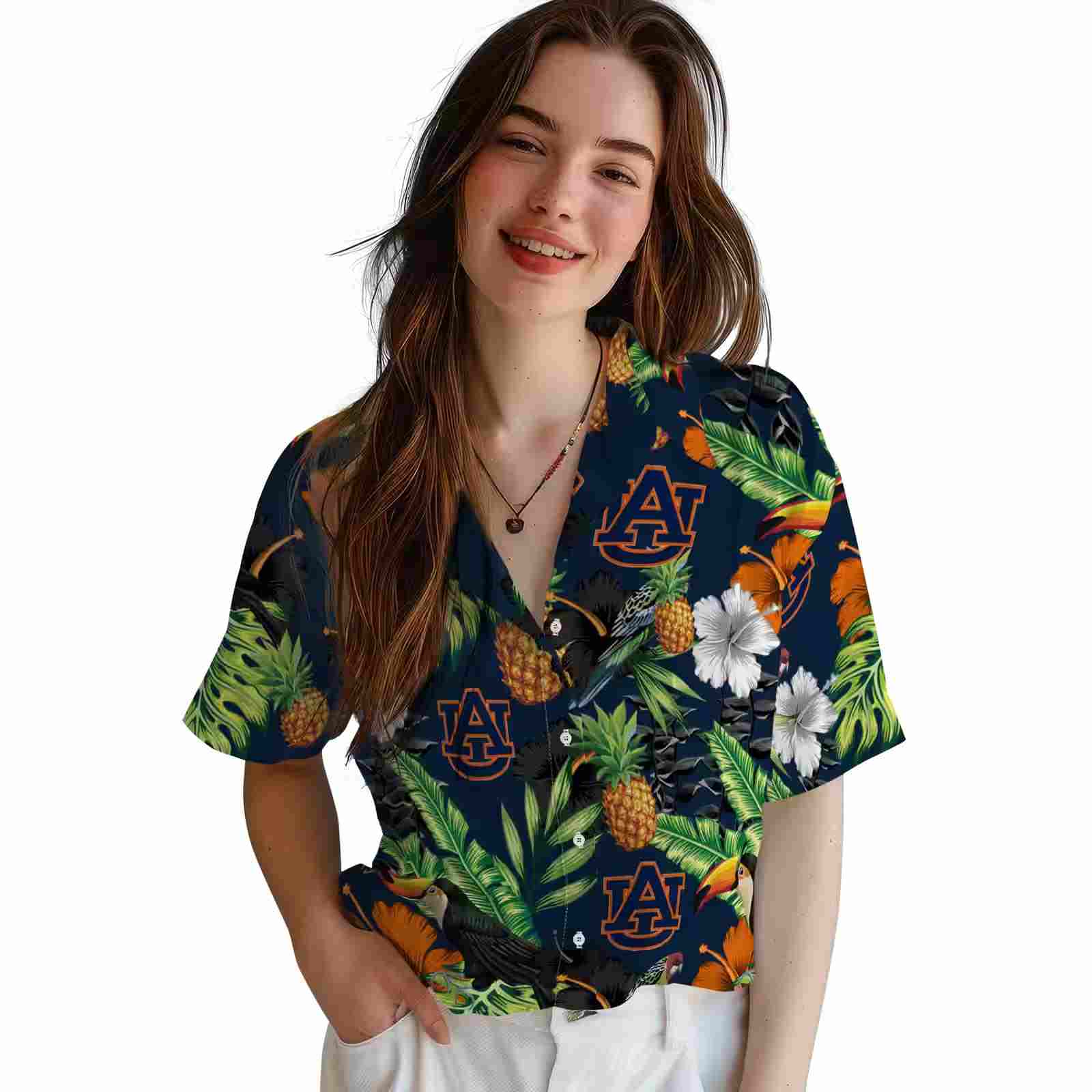 auburn tigers toucan hibiscus pineapple navy blue green hawaiian shirt latest model