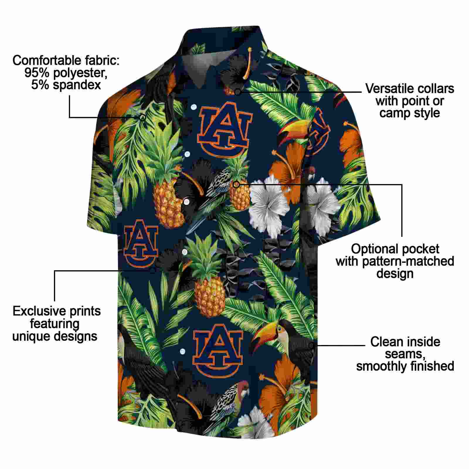 auburn tigers toucan hibiscus pineapple navy blue green hawaiian shirt new arrival