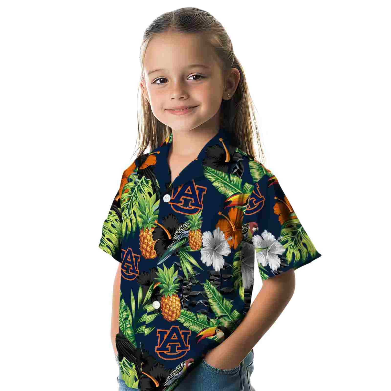 auburn tigers toucan hibiscus pineapple navy blue green hawaiian shirt premium grade