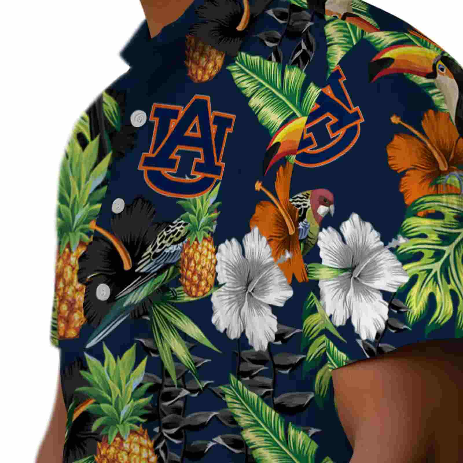 auburn tigers toucan hibiscus pineapple navy blue green hawaiian shirt trendy