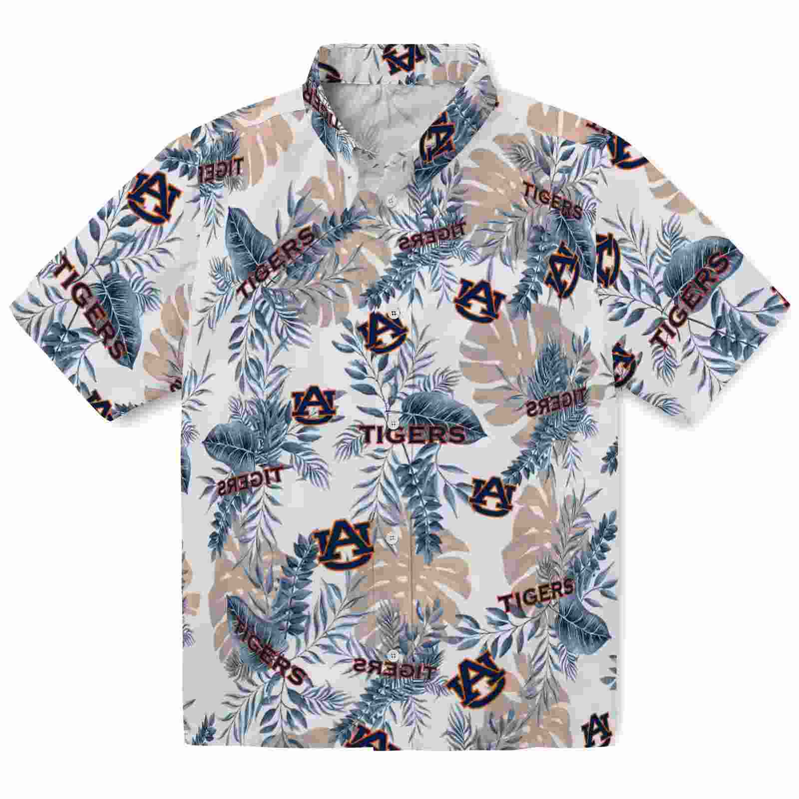 Auburn Tigers Tropical Leaves Navy Blue White Hawaiian Shirt