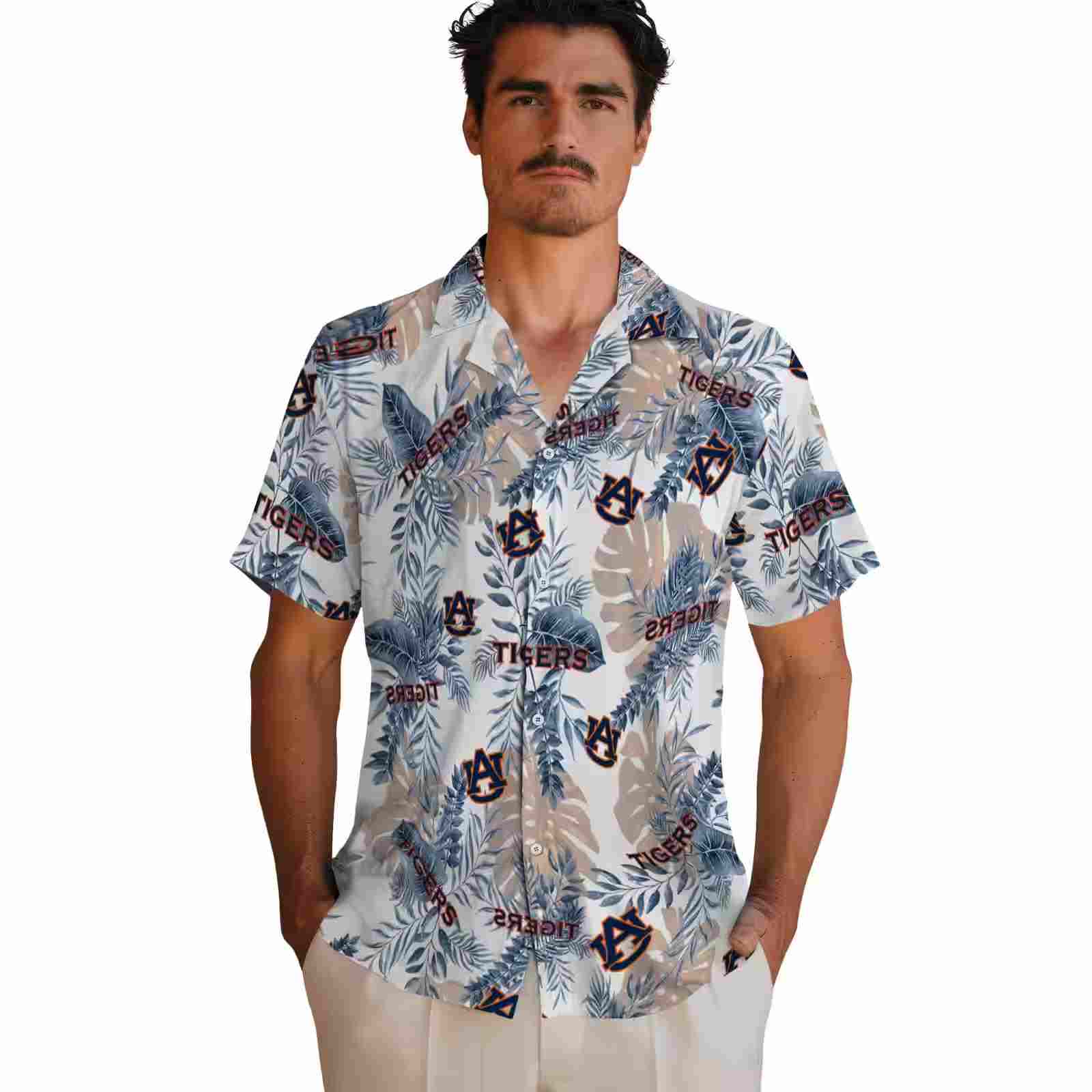 auburn tigers tropical leaves navy blue white hawaiian shirt fashion forward