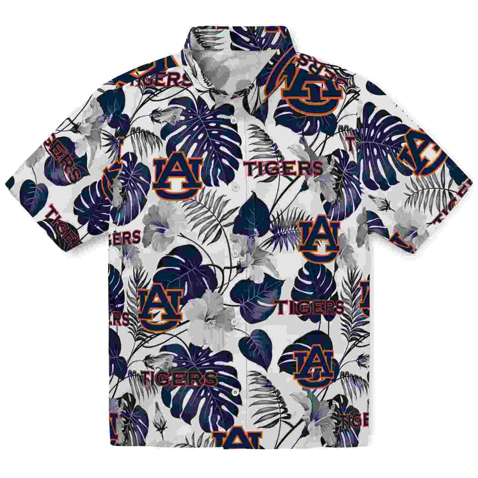 Auburn Tigers Tropical Plants Navy Blue White Hawaiian Shirt