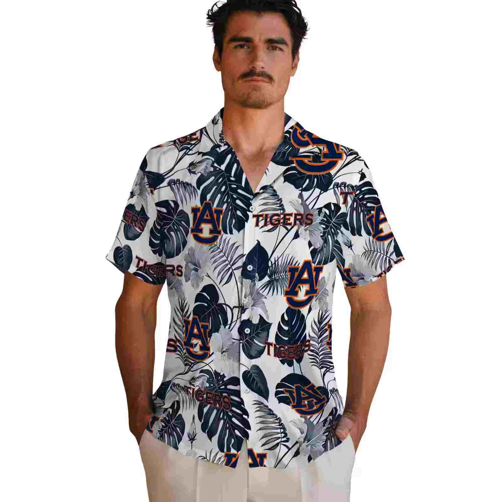 auburn tigers tropical plants navy blue white hawaiian shirt fashion forward