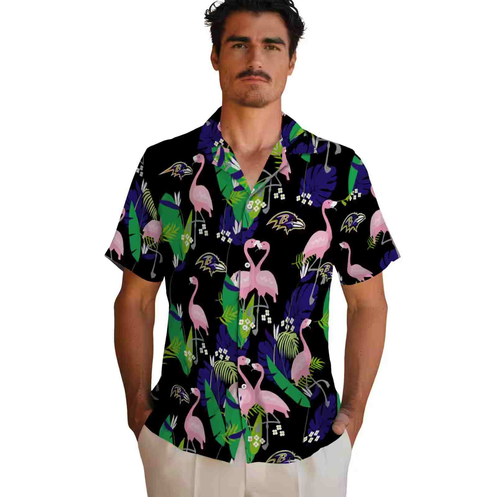 baltimore ravens flamingo foliage purple green hawaiian shirt fashion forward