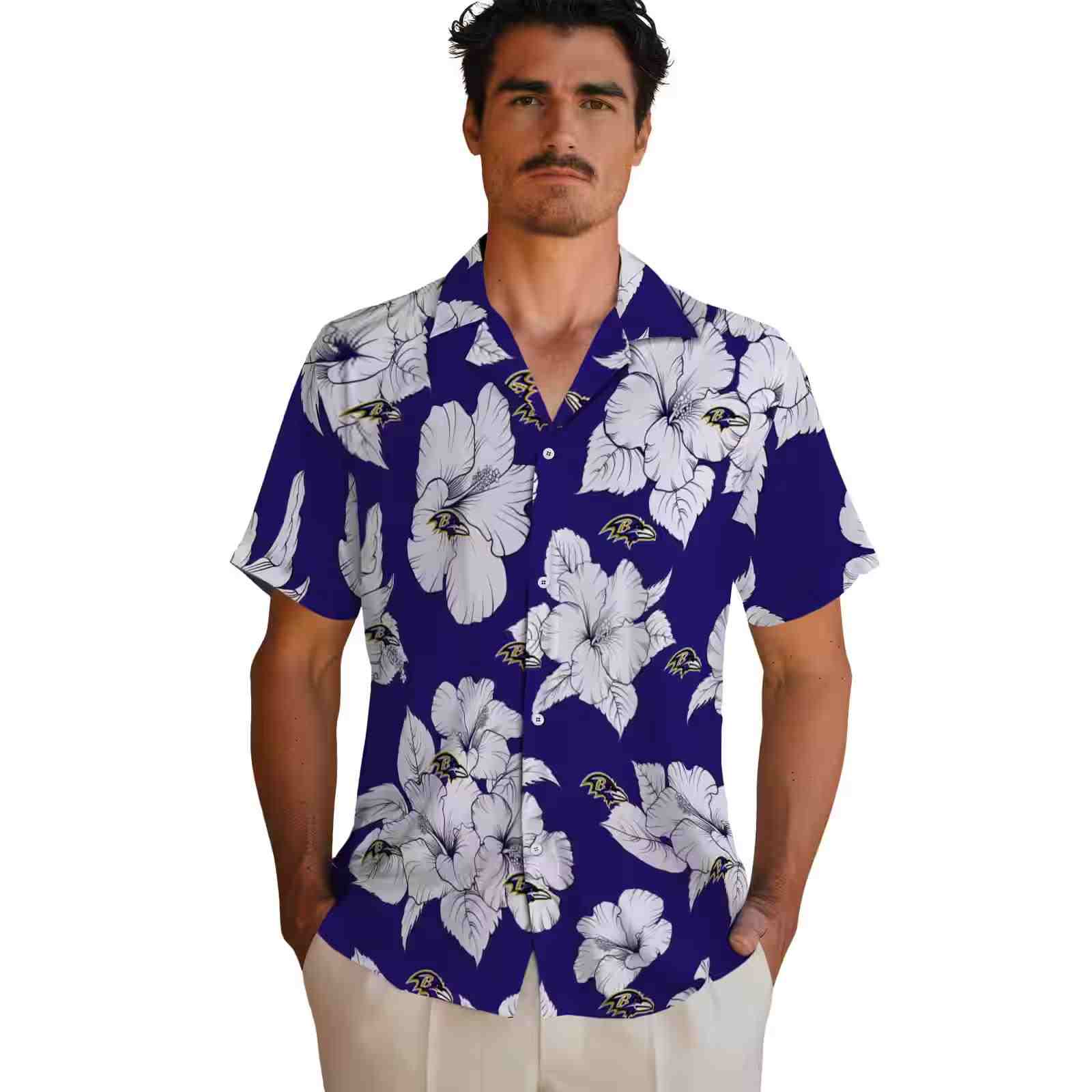 baltimore ravens hibiscus blooms purple white hawaiian shirt fashion forward