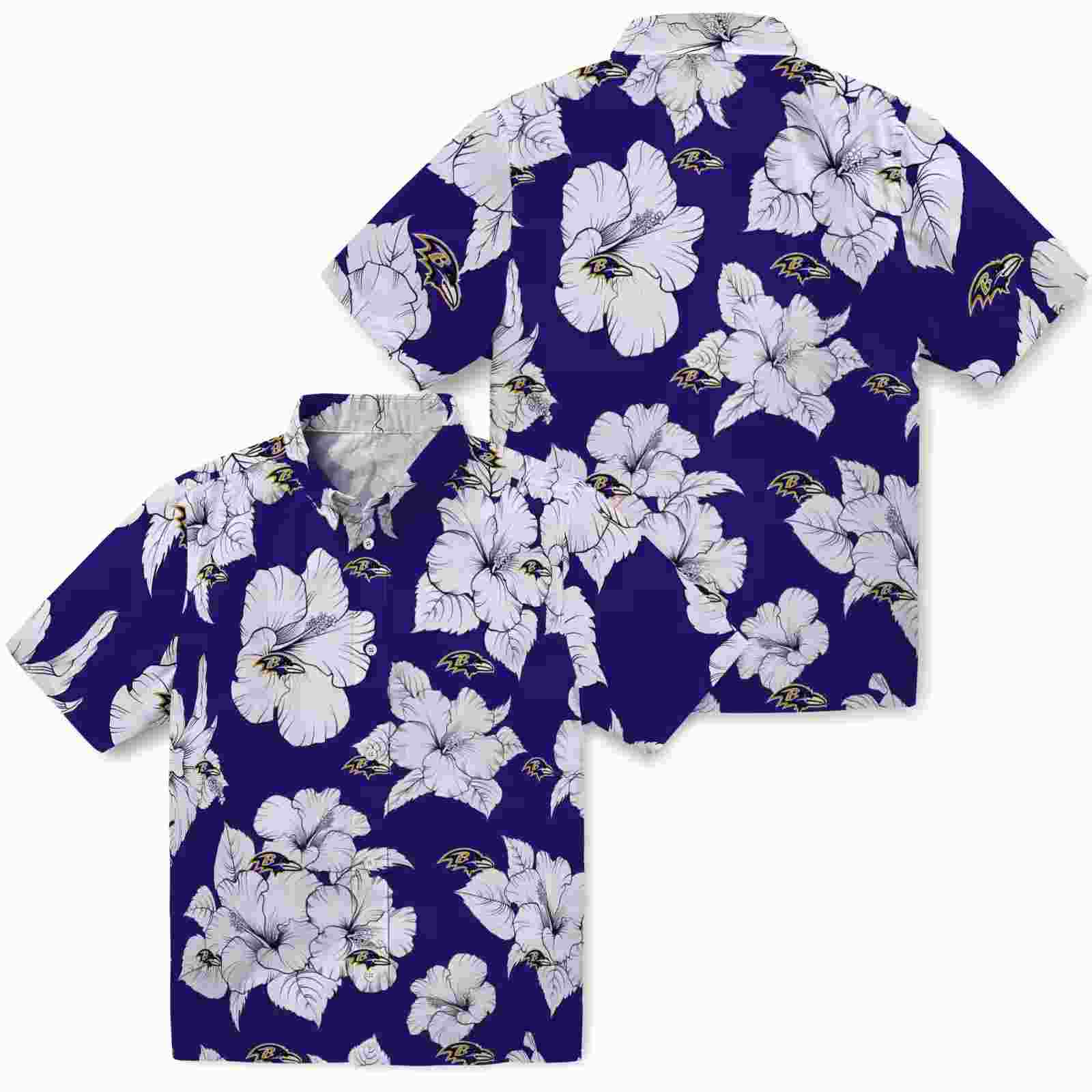 baltimore ravens hibiscus blooms purple white hawaiian shirt high quality