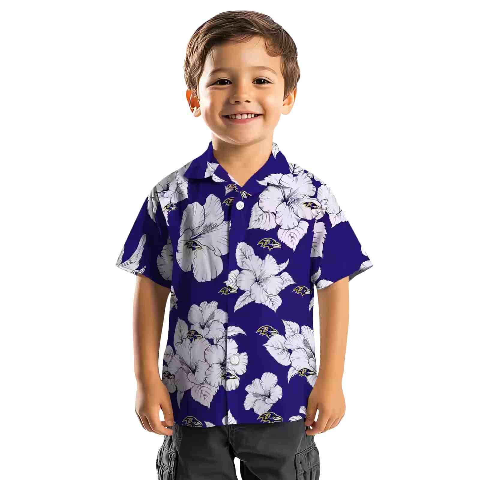 baltimore ravens hibiscus blooms purple white hawaiian shirt top rated