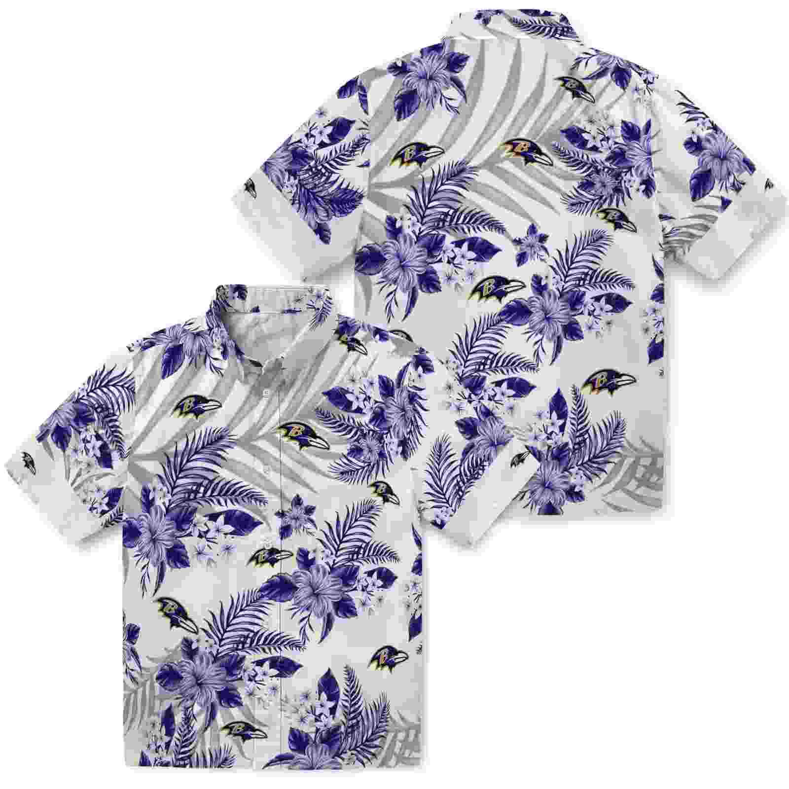 baltimore ravens hibiscus palm leaves purple white hawaiian shirt high quality
