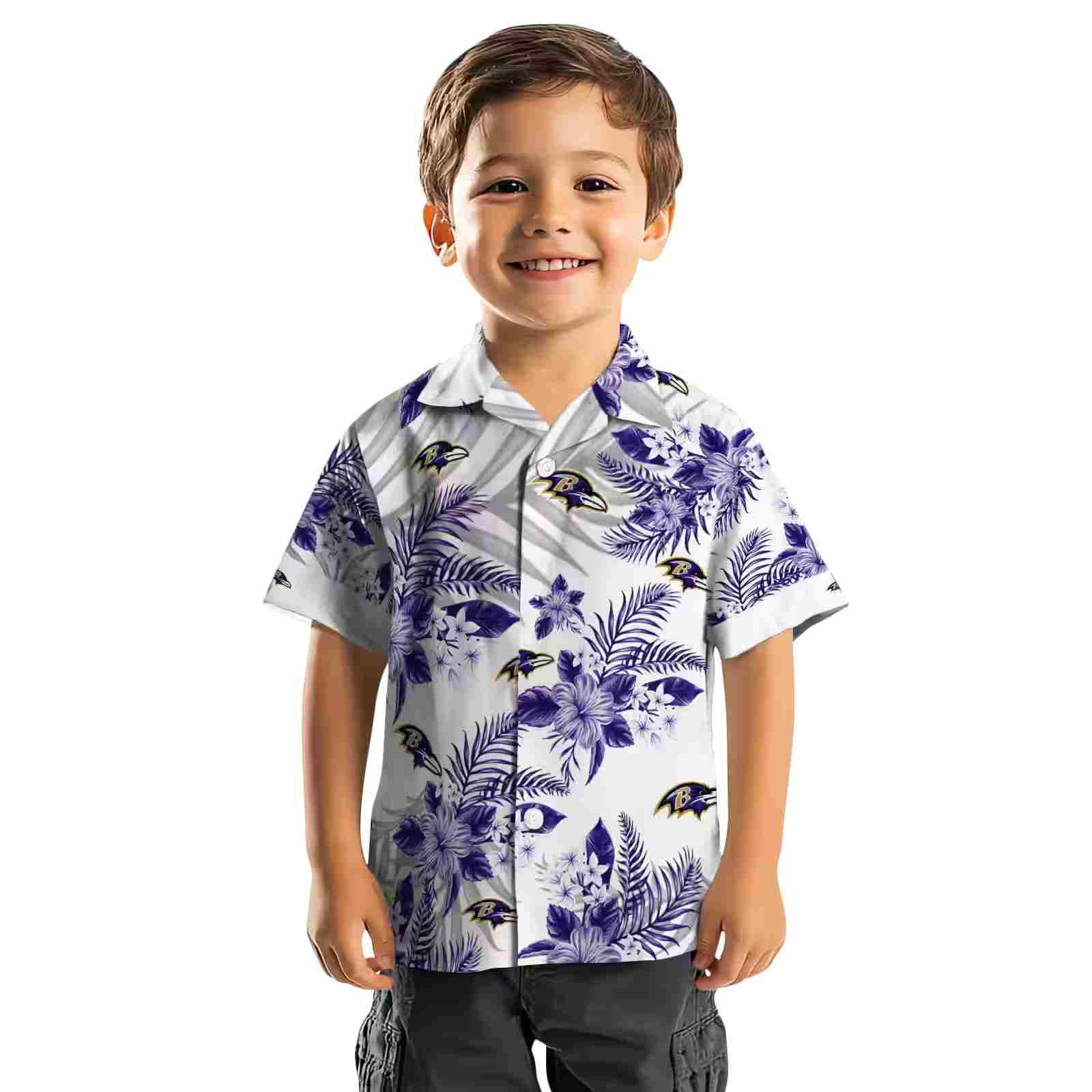 baltimore ravens hibiscus palm leaves purple white hawaiian shirt top rated