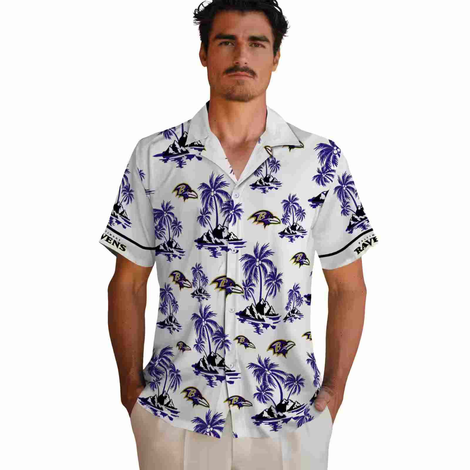 baltimore ravens palm island print purple white hawaiian shirt fashion forward