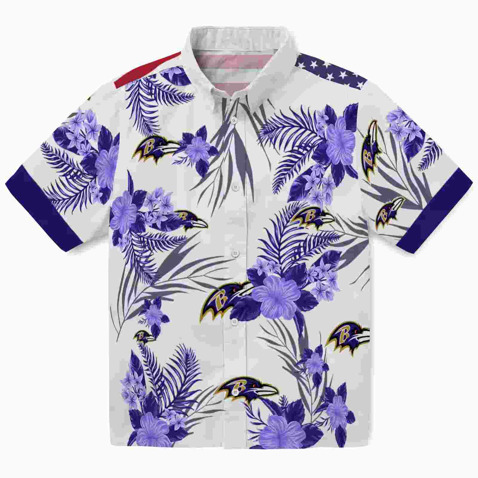 Baltimore Ravens Patriotic Hibiscus Design Purple White Hawaiian Shirt